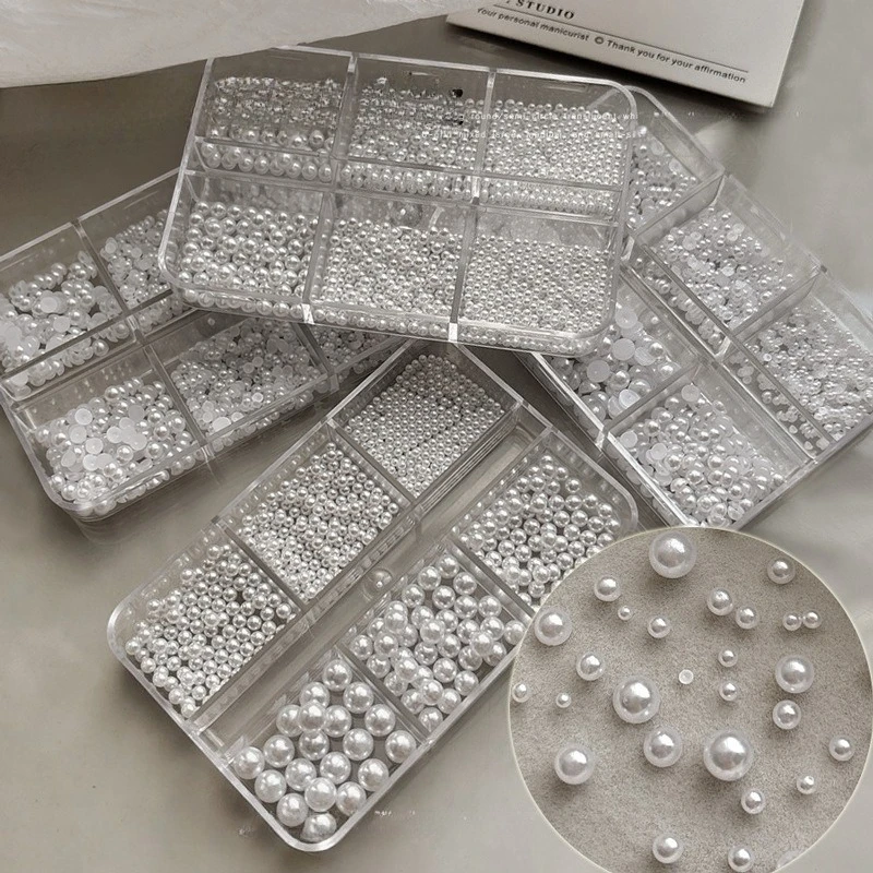 Gemengde witte ronde heldere parel Nail Art Charms Gemengde grootte Nail Art Strass Mini Stalen Bal Klinknagel Strass Nagelaccessoires