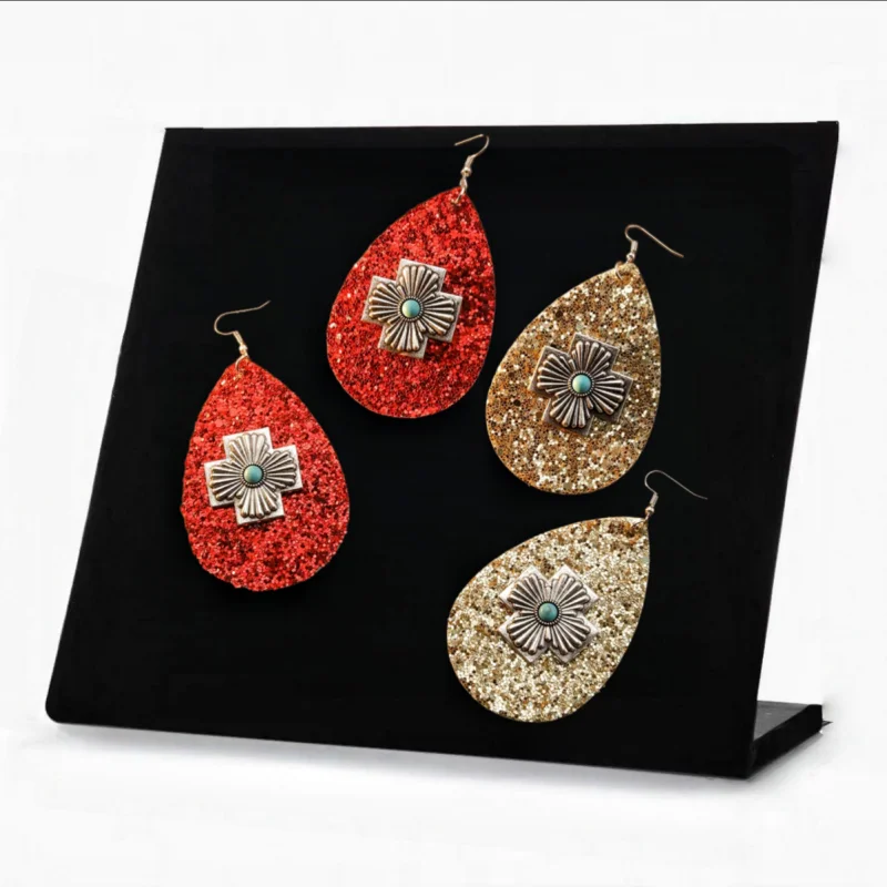 Bohemian Vintage Double Sided Red Gold Sequin Teardrop Earrings with Cross Turquoise Pendants Women's Ethnic Style Earrings