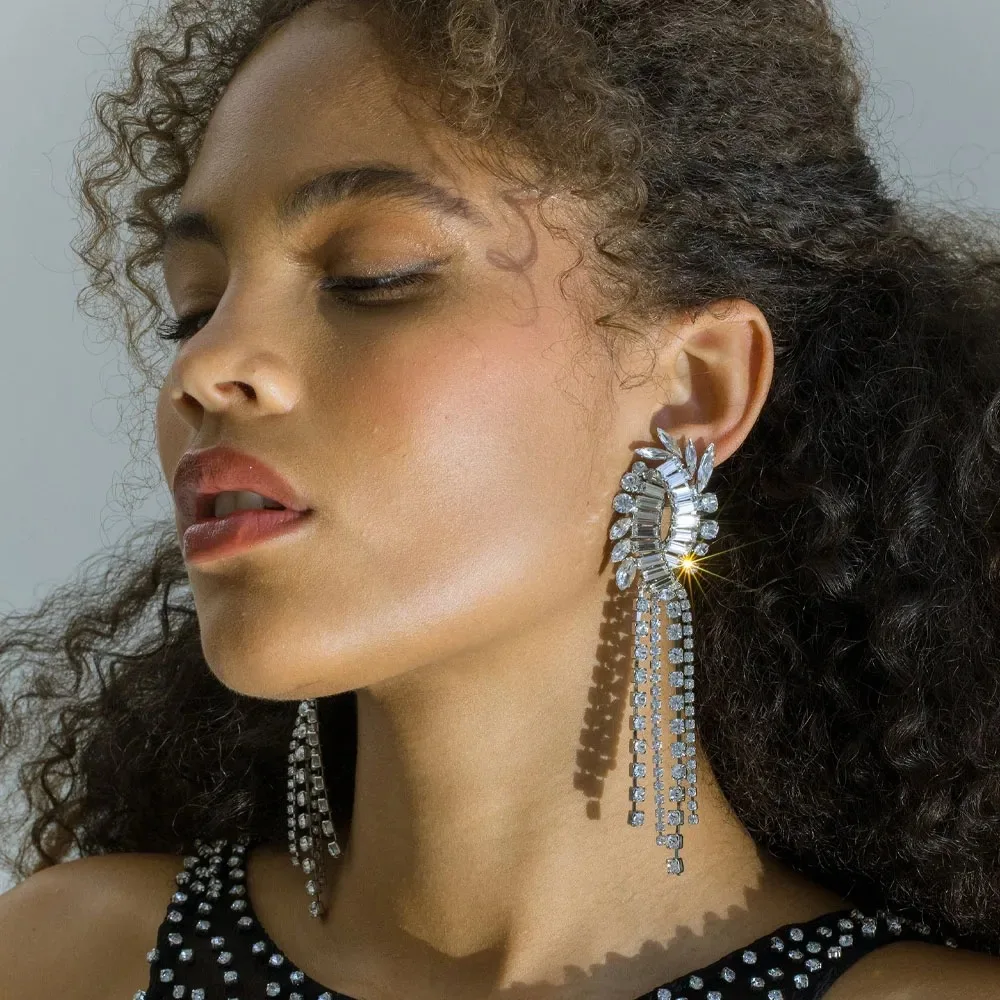 Full diamond fringed earrings temperament high sense exaggerated rhinestone earrings light luxury jewelry women's earrings