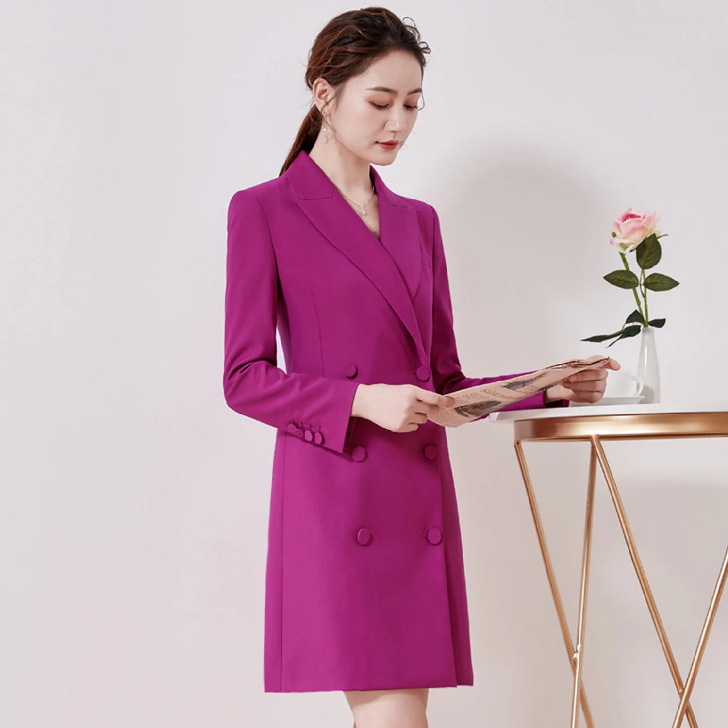 

Allingentle Women Long Blazer Double-Breasted Blazer Loose Fit Jacket Fashion for Business Daily Outfits Customize