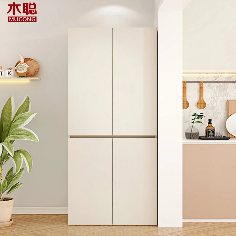 Lemari samping dapur krim warna putih, rak penyimpanan terintegrasi dengan lemari dinding, rak penyimpanan ruang tamu, apartemen kecil 8G303