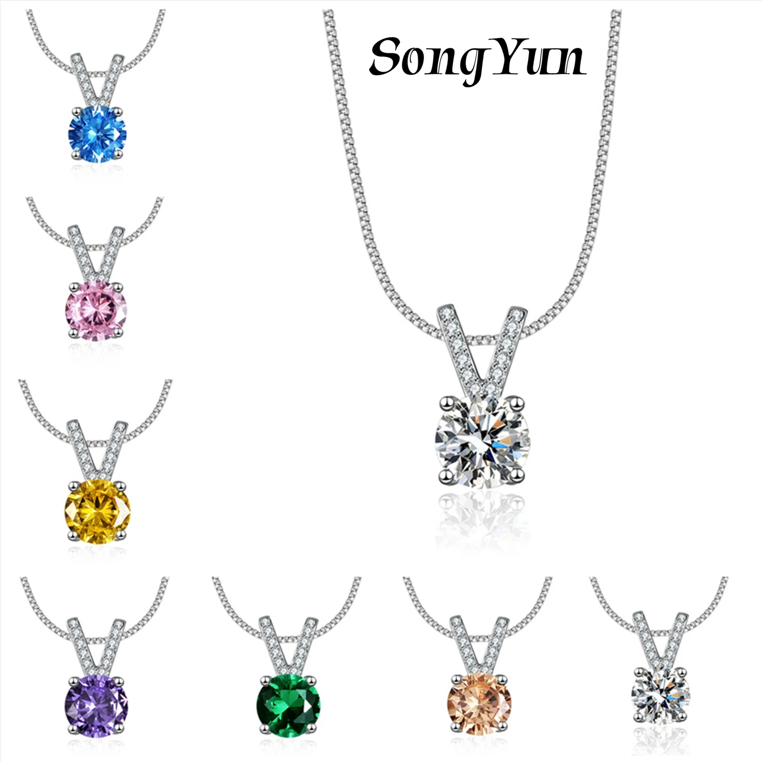 

SY Luxury Jewelry 925 Sterling Silver Necklace Pendant Luxury 1 Carat Colored CZ Gemstones Pendants Necklaces Jewelry