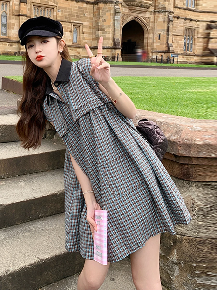 

Летняя женская модная корейская короткая юбка А-силуэта с высокой талией, в клетку, с пуговицами, в стиле Tea Dress