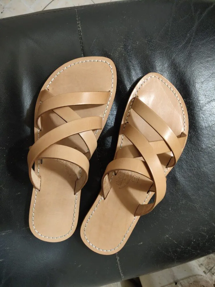 Handmade Genuine Leather Mens Slippers Outside Summer Harajuku Casual Shoes Solid Color Cowhide Open Toe Flat Gladiator Slides
