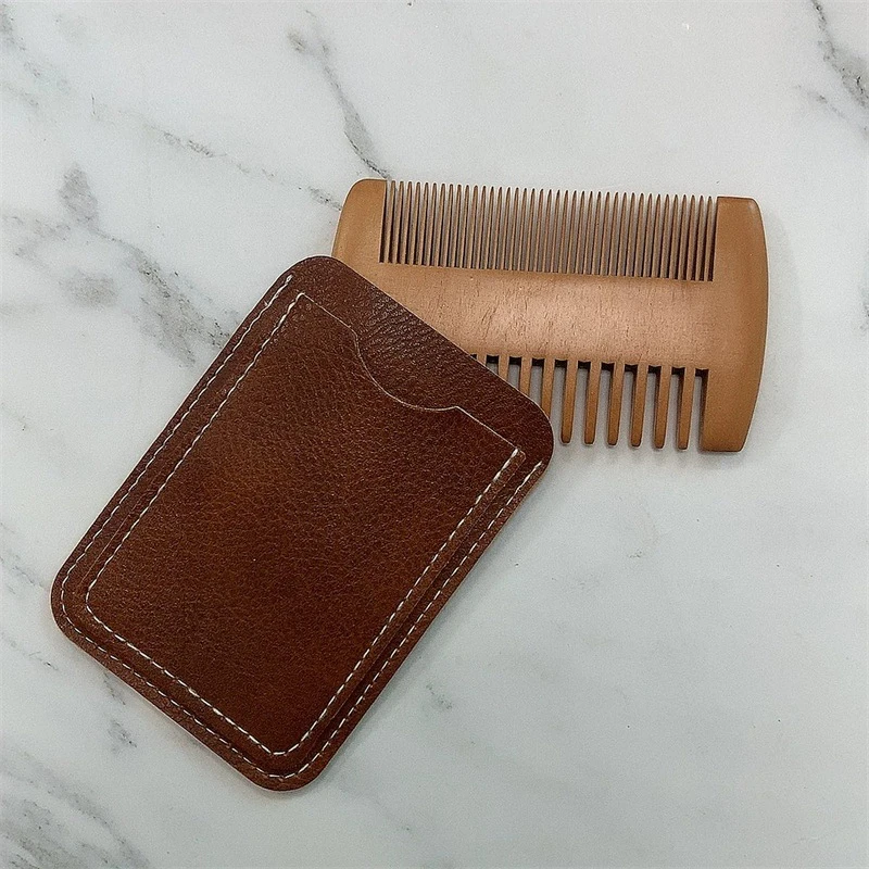 Natural Wood Hair Brush Beard Comb With PU Leather Case Anti-Static Mustache Pocket Comb Brushing Hair Care Tools For Men Gift