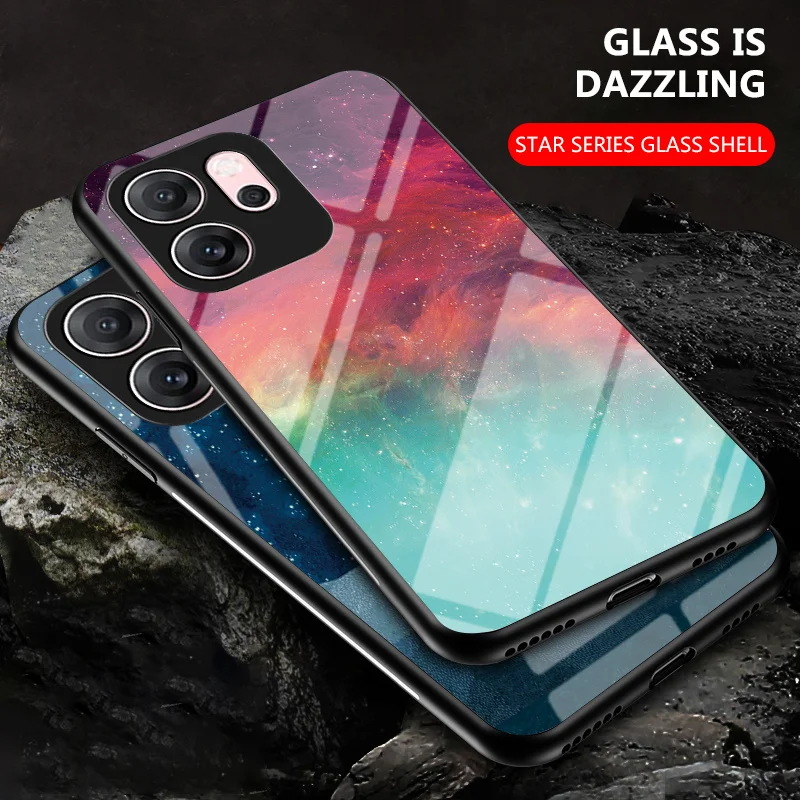 Oppo Reno14 F CPH2743 Case Starry Stars Grain Tempered Glass Hard Back Cover Phone Case Silicon Bumper for Oppo Reno 14F Reno14F