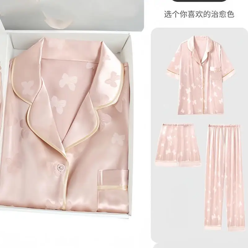 

Women's New Short Sleeved Shorts Ice Silk Jacquard Pajamas Set Women's Summer Trousers Spring Autumn Home Wear Three Piece Set