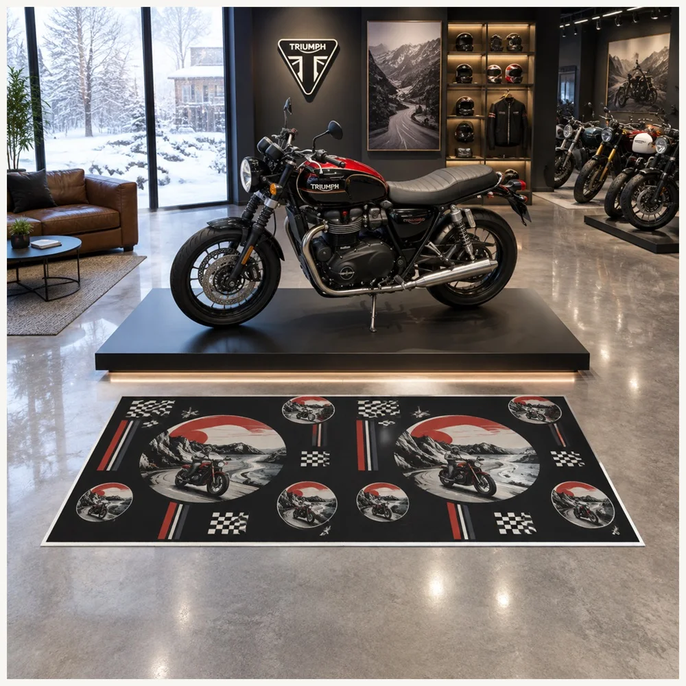 VIKAMA Racing Track Black Red Road Trip Bike Flannel Door Mat, Soft Flannel Non-Slip Mat, Garage Decor for Cloakroom, Hallway