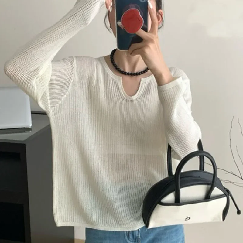 Pop Korean Style Hollow Out Long Sleeve Knitted Sweater For Women Spring Summer Fashion Thin Tops Sun Protected Pullover Female