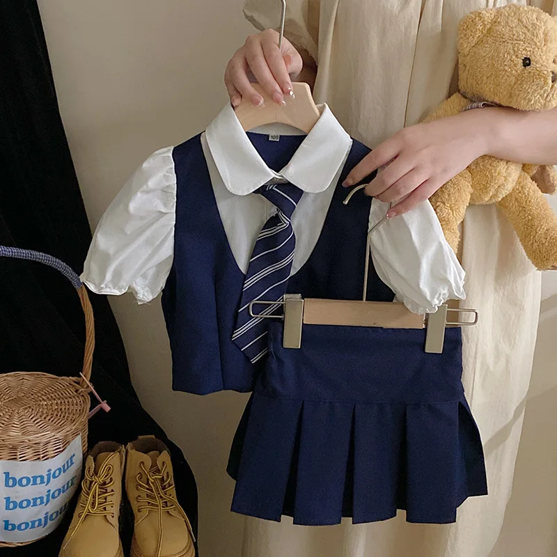 

2025 Girls Summer Uniform Doll Collar Shirt Vest Skirt Set