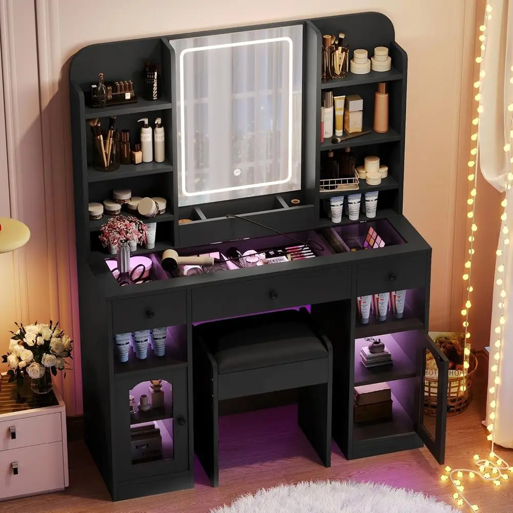 

LED-Illuminated Makeup Vanity Desk with USB Charging, Black Glass Cabinet & Stool