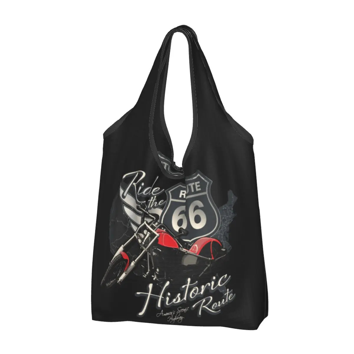 Funny Printed Travel Motorcycle Ride Route 66 Shopping Tote Bags Portable Shoulder Shopper US Numbered Highways Handbag