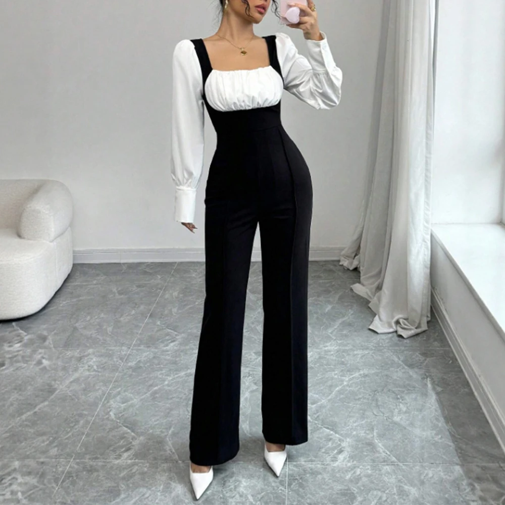 

Импортный комбинезон с длинными рукавами, осенне-зимний элегантный женский универсальный костюм в европейском и американском стиле с цветными блоками