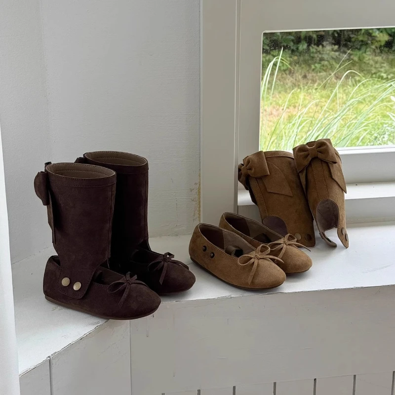 

Children's Light Luxury Retro Style Bow Mid-calf Boots Girls' Autumn New Fashion Versatile Mary Jane Openwork Ballet Boots