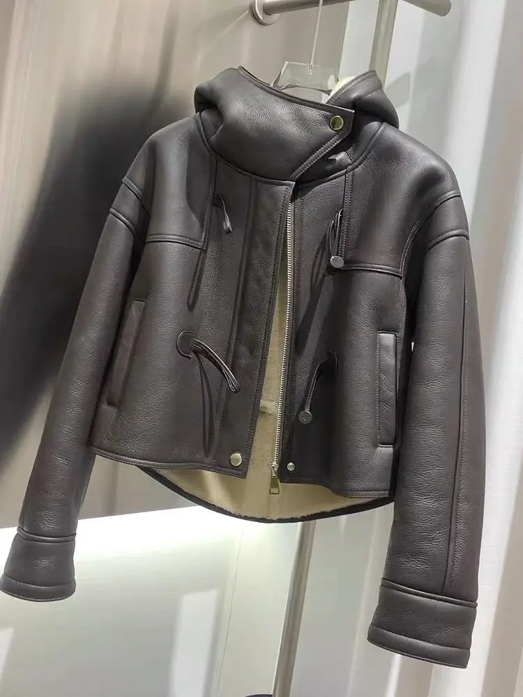 Autumn Winter Niche Unique Chic Top French Small Fragrant Celebrity Design Sense Korean Hooded Leather Jacket Short Coat Women