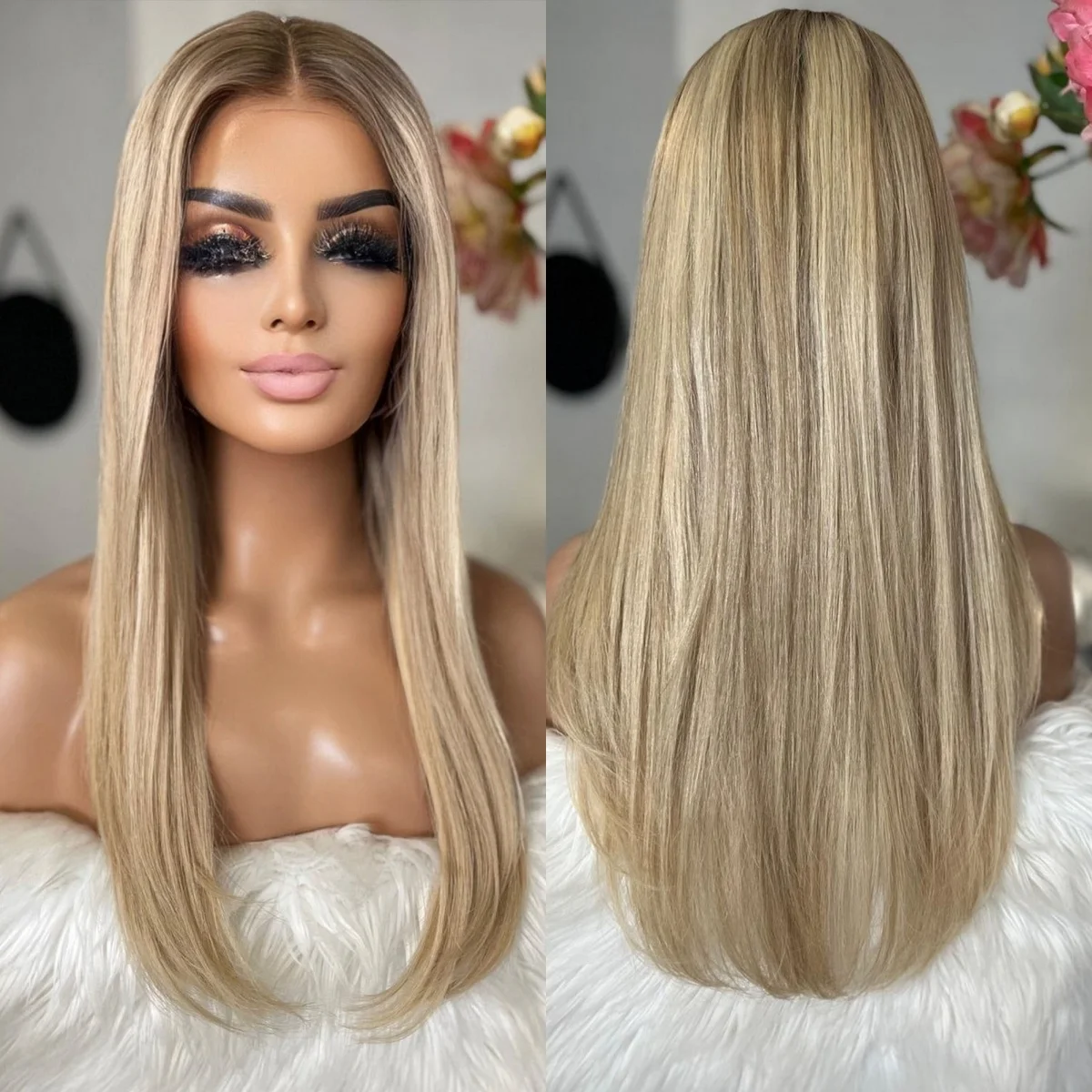 

Ombre Ash Platinum Blonde Synthetic Lace Front Wig Long Natural Straight Wig Easy To Wear Body Wave Blend Human Hair Daily Use