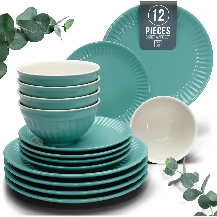 

Stoneware Dinnerware Set for 4 People HYGGE 12Piece Elegant Scandi Design Premium Dish Set Bowl and Plate Set Tableware for 4 P