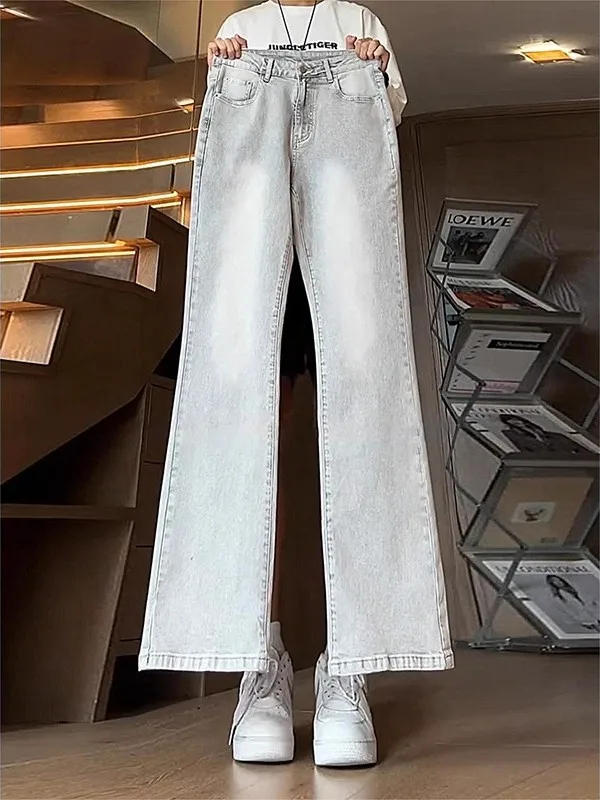 

Gray Straight Leg Jeans Men's High Street American Vibe Trousers Long Legged Micro Flared Pants Youthful Wear Resistant