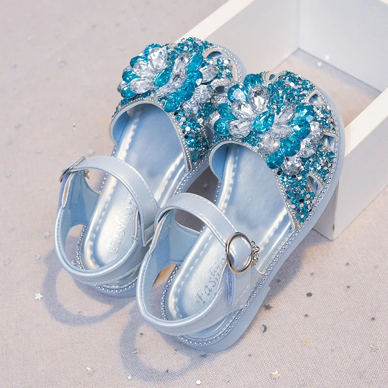 *Fashion Hot Selling Comfortable Flat Bottom Girls Sandals Summer New Style Round Toe Rhinestone Elegant Princess Casual Sandals