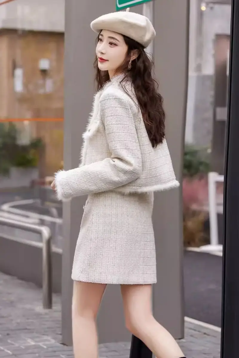 Korean Tweed Two Piece Set Women Winter Faux Fur Trim Cropped Jacket Mini Skirt Plaid Small Fragrance Petite Outfit Pink White