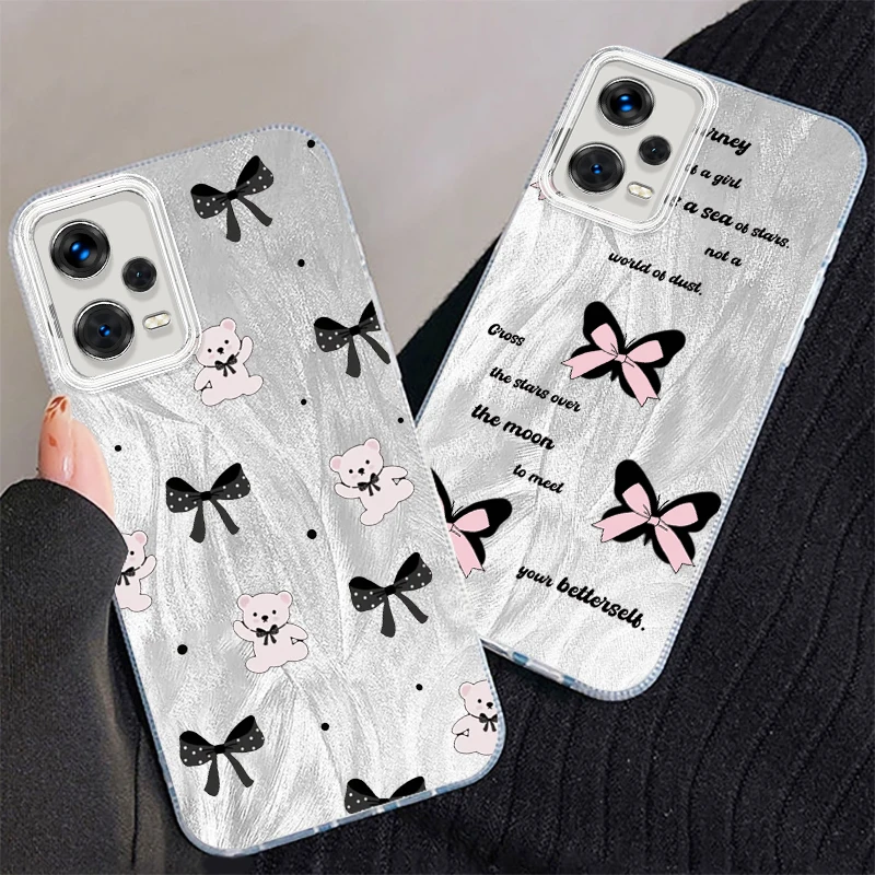 

Bow Bear Love Dark Pink For Xiaomi Redmi Note 13 12 11 11S 10 10S 9 9S 8 Pro Plus Max 5G Feather Yarn Back Phone Case