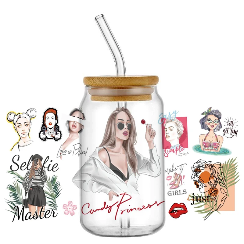 Pegatina de transferencia 3D UV DTF para mujer, diseño de moda Vintage, bricolaje para taza de vidrio libre de 16oz, calcomanías de envoltura impermeables