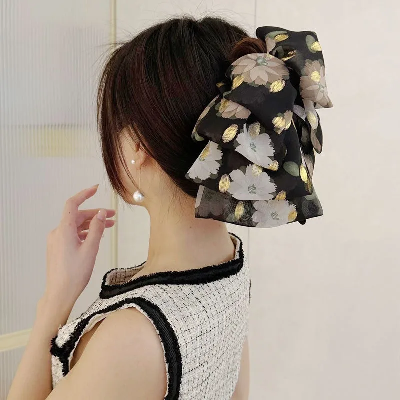 

New French Vintage Elegant Versatile Printed Fabric Hair Clip Hair Accessories Black Gold Bow Fragmented Flower Grab Clip