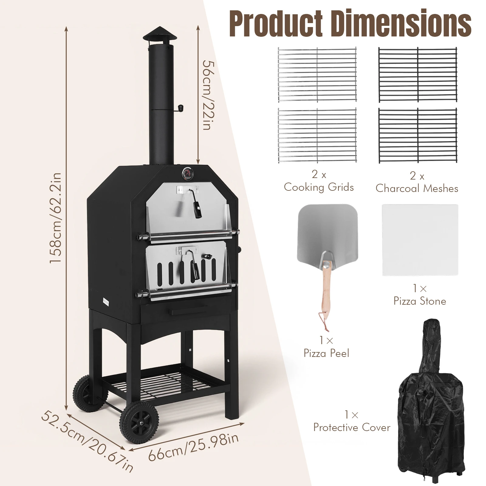 2-Tier Freestanding Charcoal Pizza Oven Stone and Shovel Large Portable Outdoor Grill Oven for Backyard Camping Tailgating