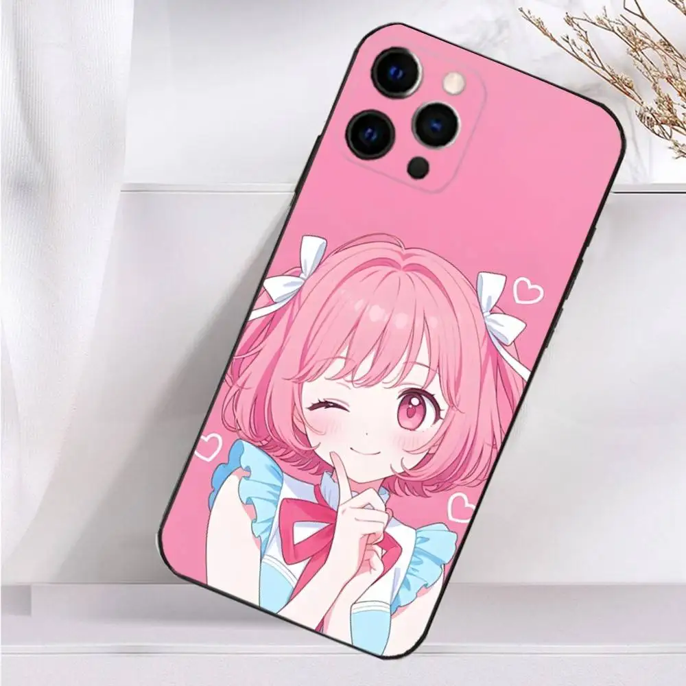 Funda rosa de dibujos animados Beauty Girl para iPhone 16,15,17,14,13,12,11 Plus,Pro Max,XS,X,XR,SE,Mini,8,7 funda negra de silicona suave
