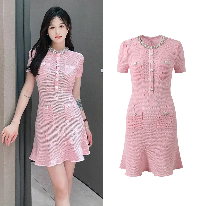 

CHUJIE Women's Summer Dress 2025 New Fashionable Sweet Charm Pearl Collar Bow Jacquard Sweet Aging Pink Dress+Strap Skirt Set