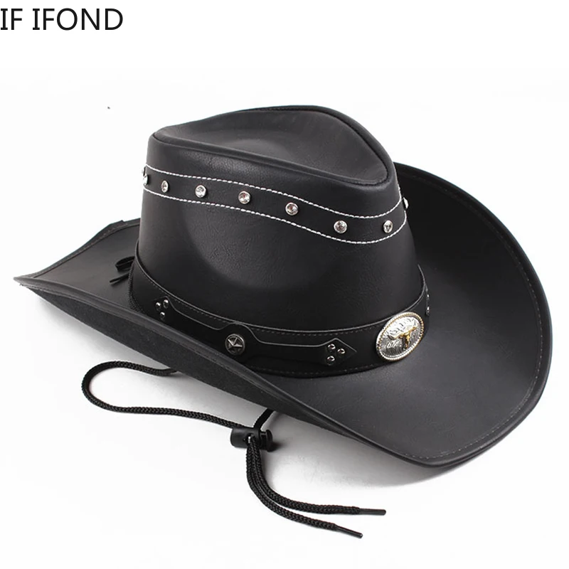 Classic 100% Leather Western Cowboy Hat For Men Gentleman Dad Godfather Caps Panama Cowgirl Jazz Hats Sombrero Hombre