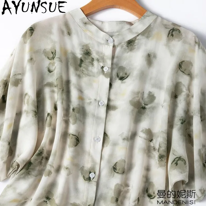 

AYUNSUE 100% Silk Women's Blouses and Shirts Half Sleeve Tops for Woman Elegant Blouse Femme Loose Woman Clothes Рубашка Женская