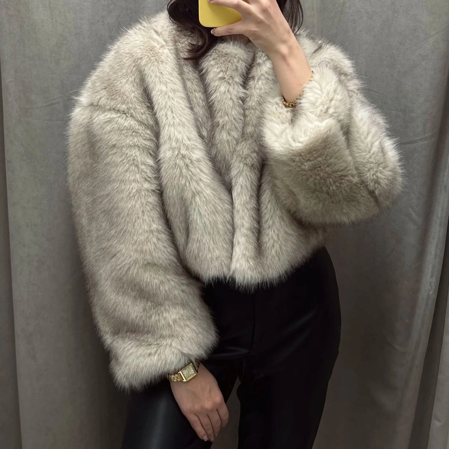 

Jackets Women Faux Fur Coats Short Coat Thick Warm Y2k Streetwear Elegant Splice Round Neck Work Jacket Outerwear Autumn Winter