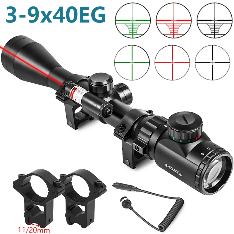 3-9x40EG Rifle Scope Red Laser Sight Combo Red Green Illuminated Hunting Optics Riflescope Telescopic Sights with 20/11mm Mounts