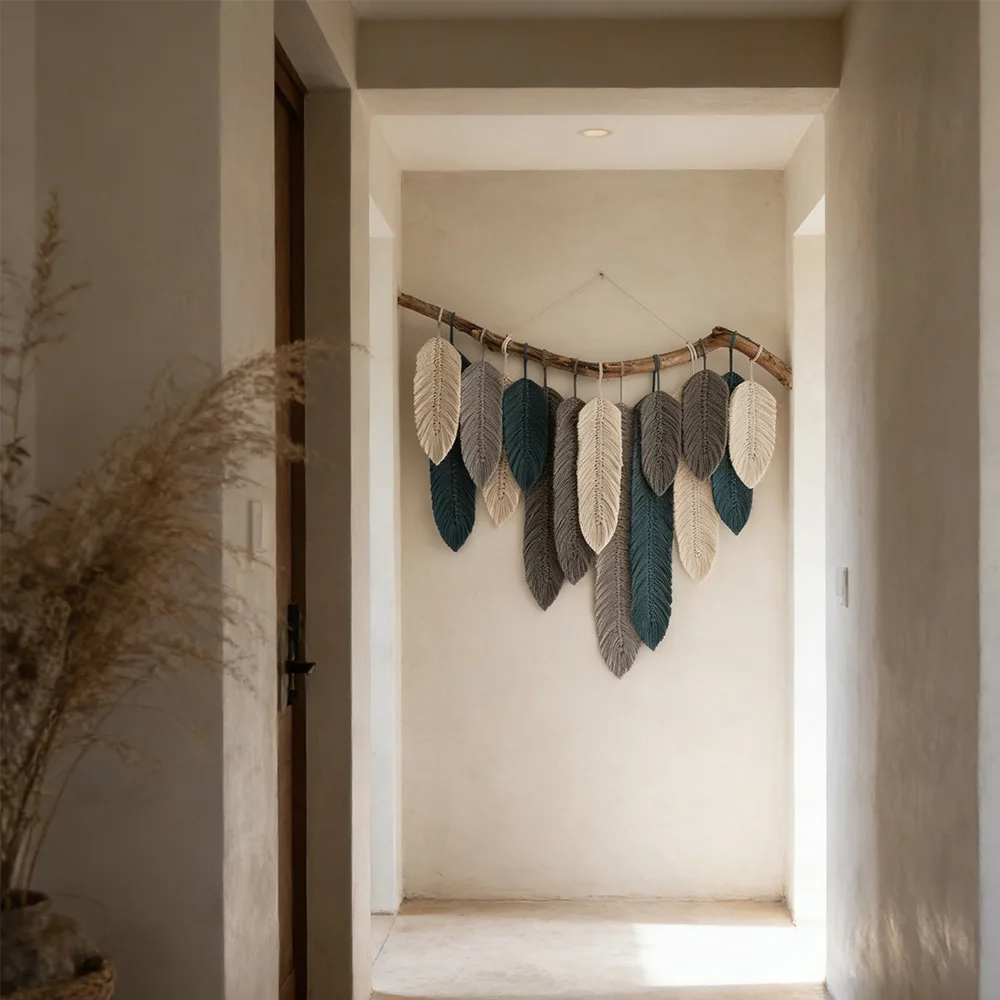 pp#Tropical Themed Handwoven Macrame Leaf Wall Hanging Resort Grade Woven Art for Hospitality Projects%