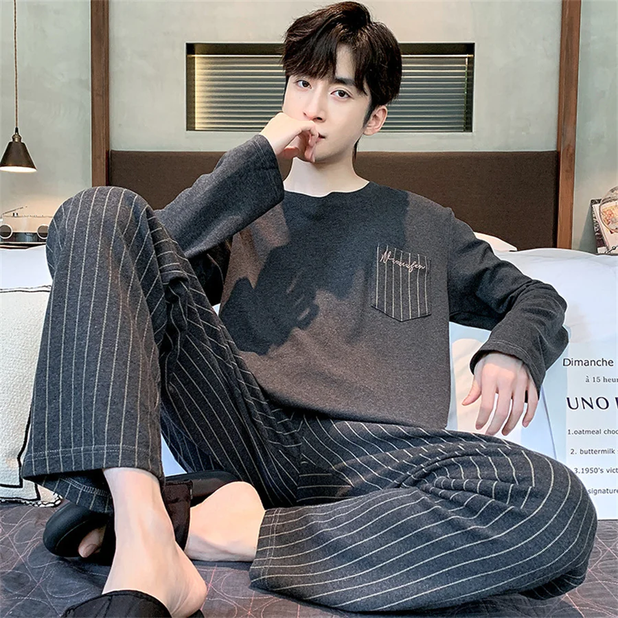 

Полосатые пижамные комплекты, мужские топы и брюки с длинными рукавами, хлопковая домашняя одежда, удобная простая одежда для сна, мужская домашняя одежда из двух предметов