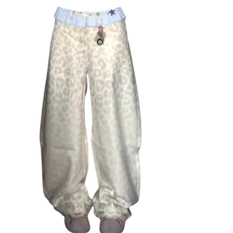 Y2K Leopard Print Pants Women Color Block Patchwork Design Retro Skirt Style Loose Wide Leg Casual New