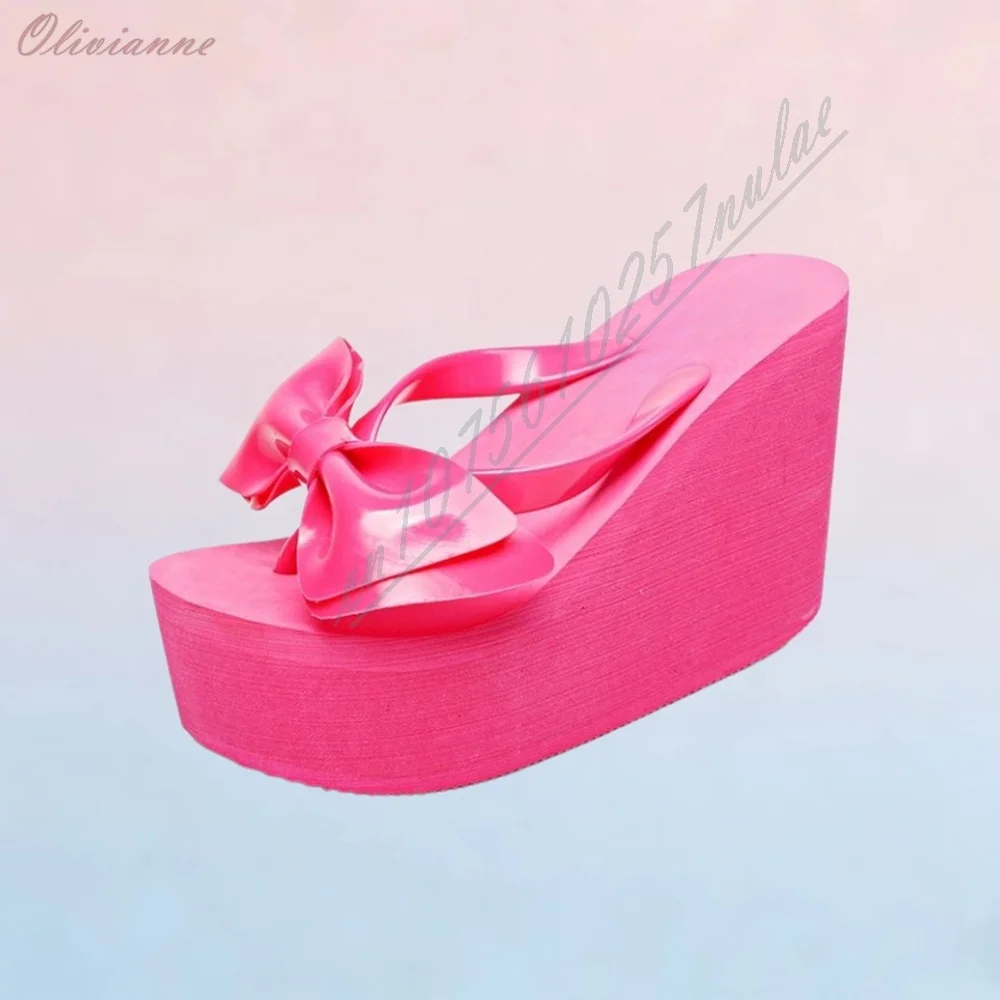 Deep Pink Front Butterfly Knot Decor Slippers Summer Vaction Y2K Style Flip Flops Wedges High Heel Fashion Sexy Shoes for Women