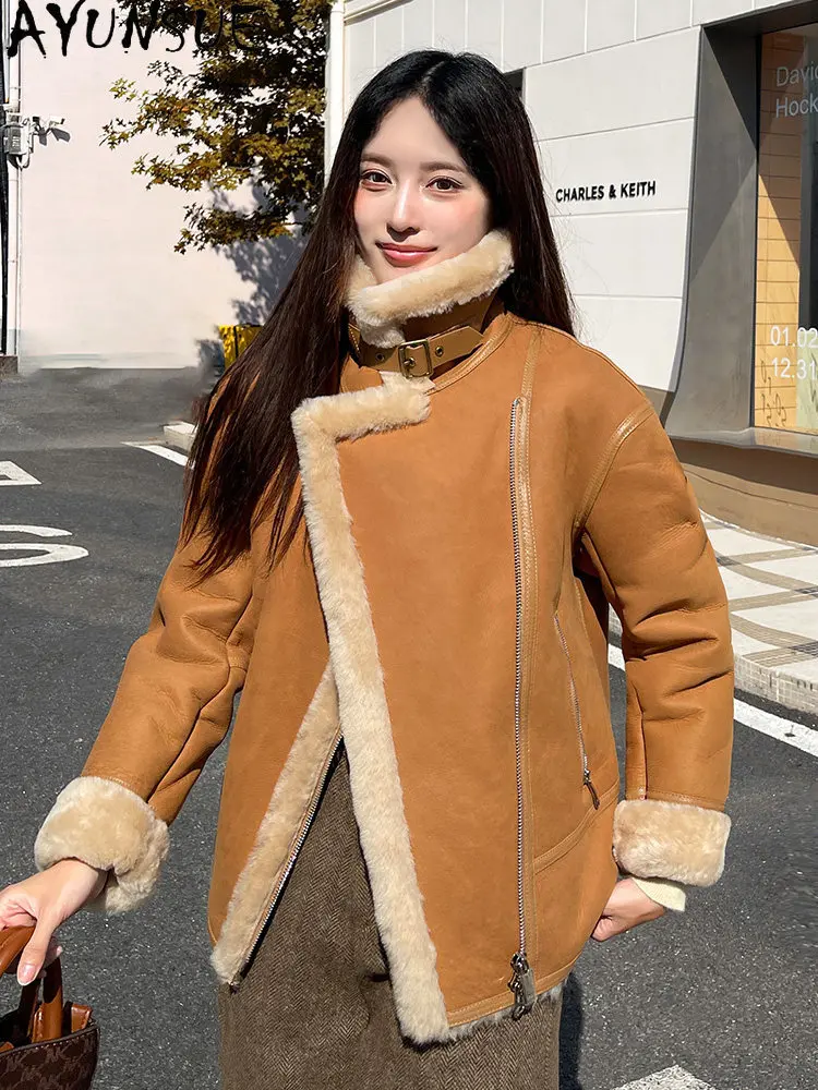 

AYUNSUE Натуральная шуба из овчины, женская модная куртка из натуральной кожи, зимняя одежда для женщин, 2026, мотоциклетные куртки из овечьей шерсти