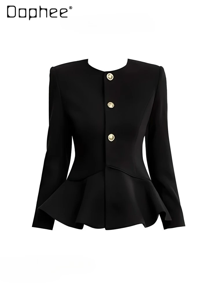 

Элегантное черное шерстяное пальто, осеннее модное плиссированное тонкое высококачественное элегантное короткое пальто с круглым вырезом и длинными рукавами для женщин