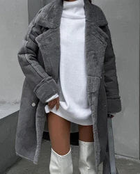 Women's Jacket 2024 Fashionable Winter New Casual Simple Fur Suede Coat Suit Collar Long Cardigan Long Sleeved Plush Jacket