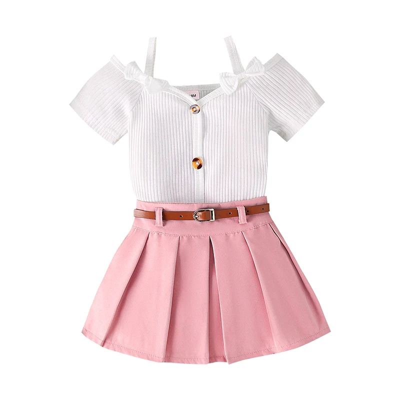 

Toddler Girls 2Pcs Summer Outfits Off Shoulder Short Sleeve Strap Tops Pleated Skirt Set Baby Clothes