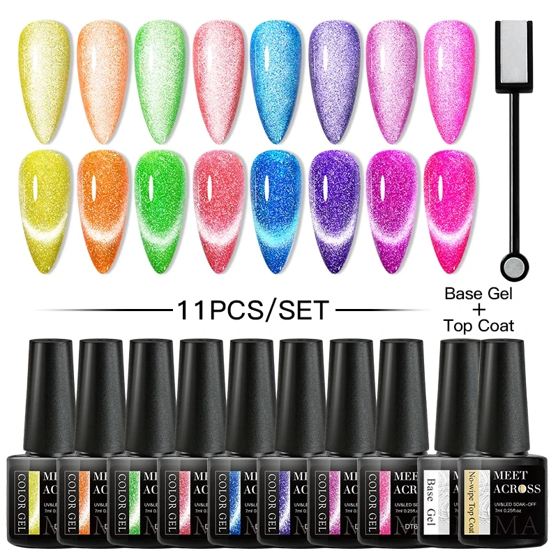 7 - 11 piezas / juego de esmalte de uñas de gel magnético para gatos reflejo fluorescente, juego de manicura de neón brillante con barra magnética