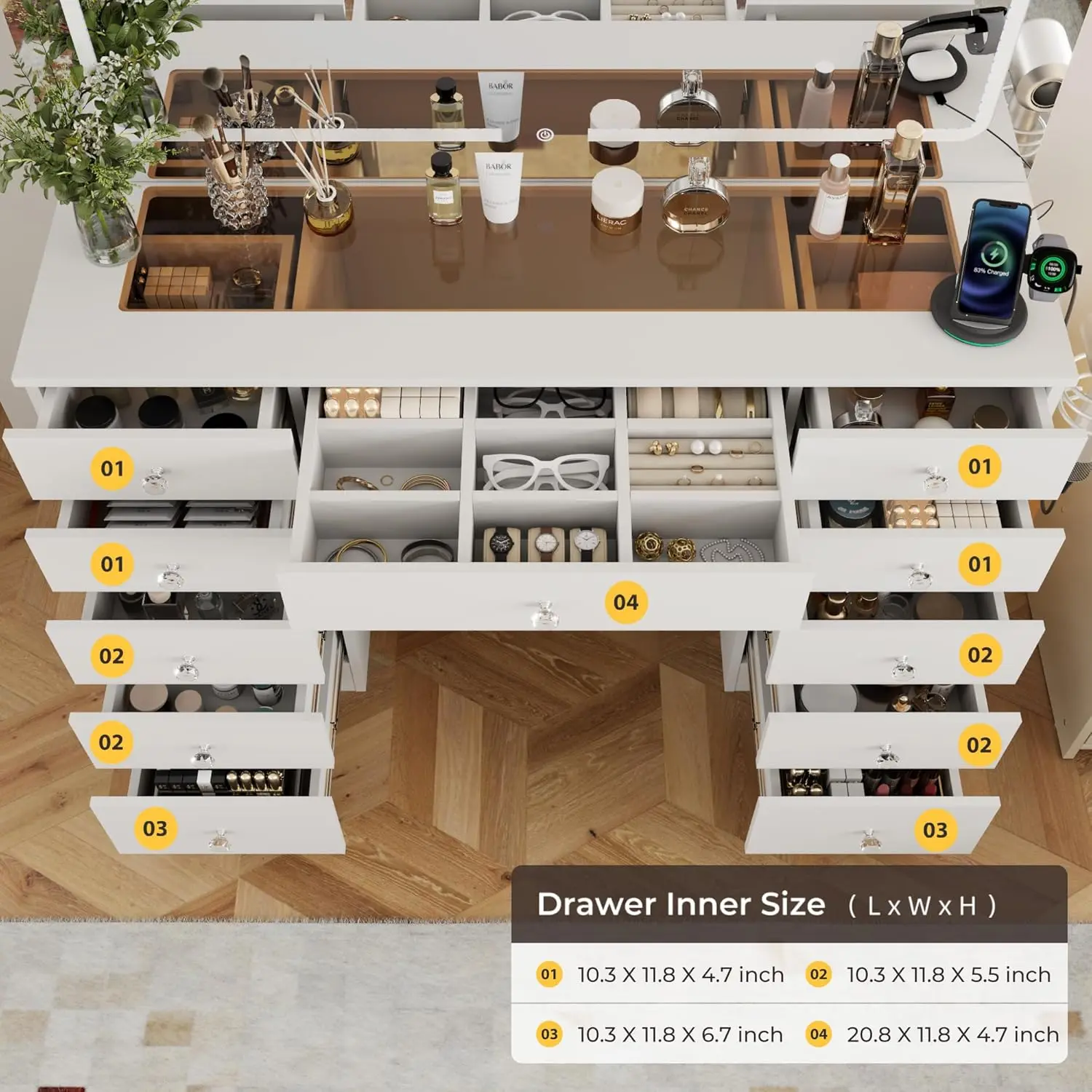 White Makeup Vanity for Bedroom, Glass Top, 11 Drawers, 3 Lighting Modes Adjustable Brightness view 6