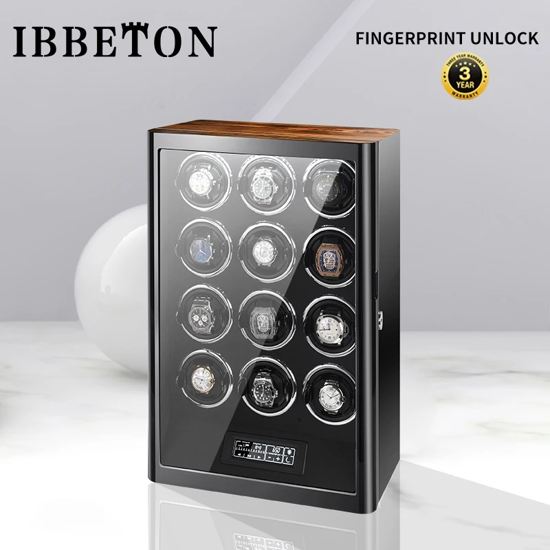 

IBBETON Luxury Wood Grain Watch Safe Box Automatic Watch Winder With Mabuchi Motor LCD Touch Screen And Remote Control Watches