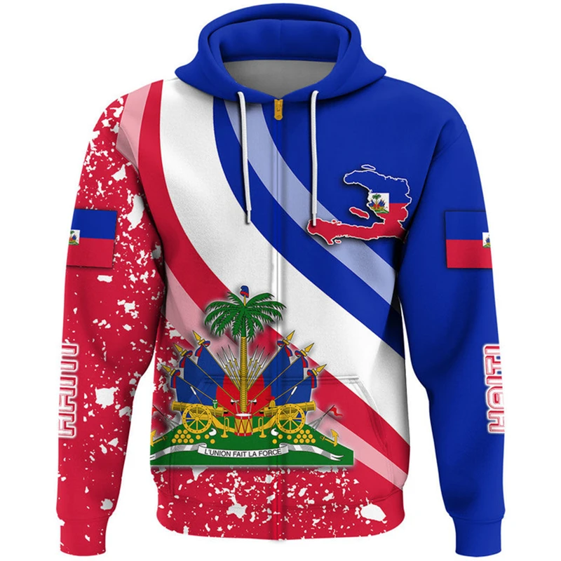 3D Printed Haiti Flag Map Zip Up Hoodies For Men National Emblem Hoody Tracksuit Zipper Hoodie Sport Coat Tops Streetwear