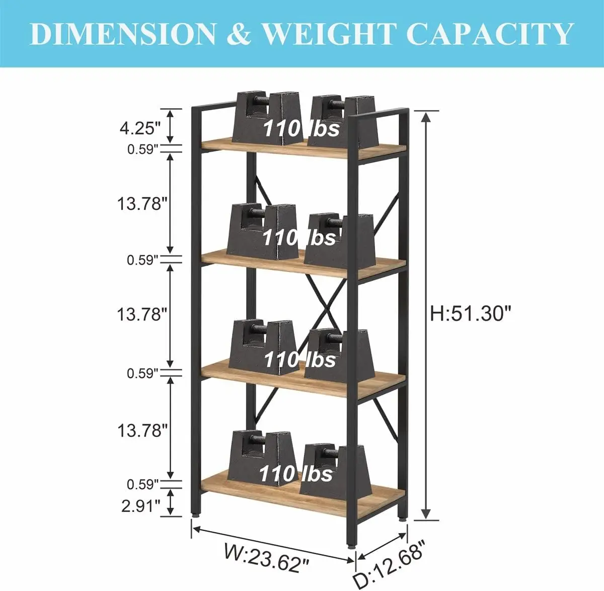 Bon Augure Industrial 4 Tier Bookshelf, Modern Open Shelving Unit Book Shelves, Filing Cabinet For Home Office, Lateral File