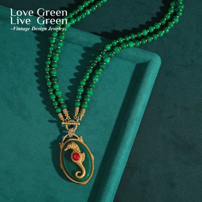 

Vintage Green Natural Stone Layered Seahorse Pendant Necklace Beads Antique Gold Color Jewelry Luxury For Woman Quality 2025