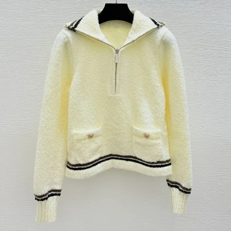 

Высококачественный льняной шерстяной женский пуловер с полумолнией и карманами, весенне-осенняя верхняя одежда 251102149