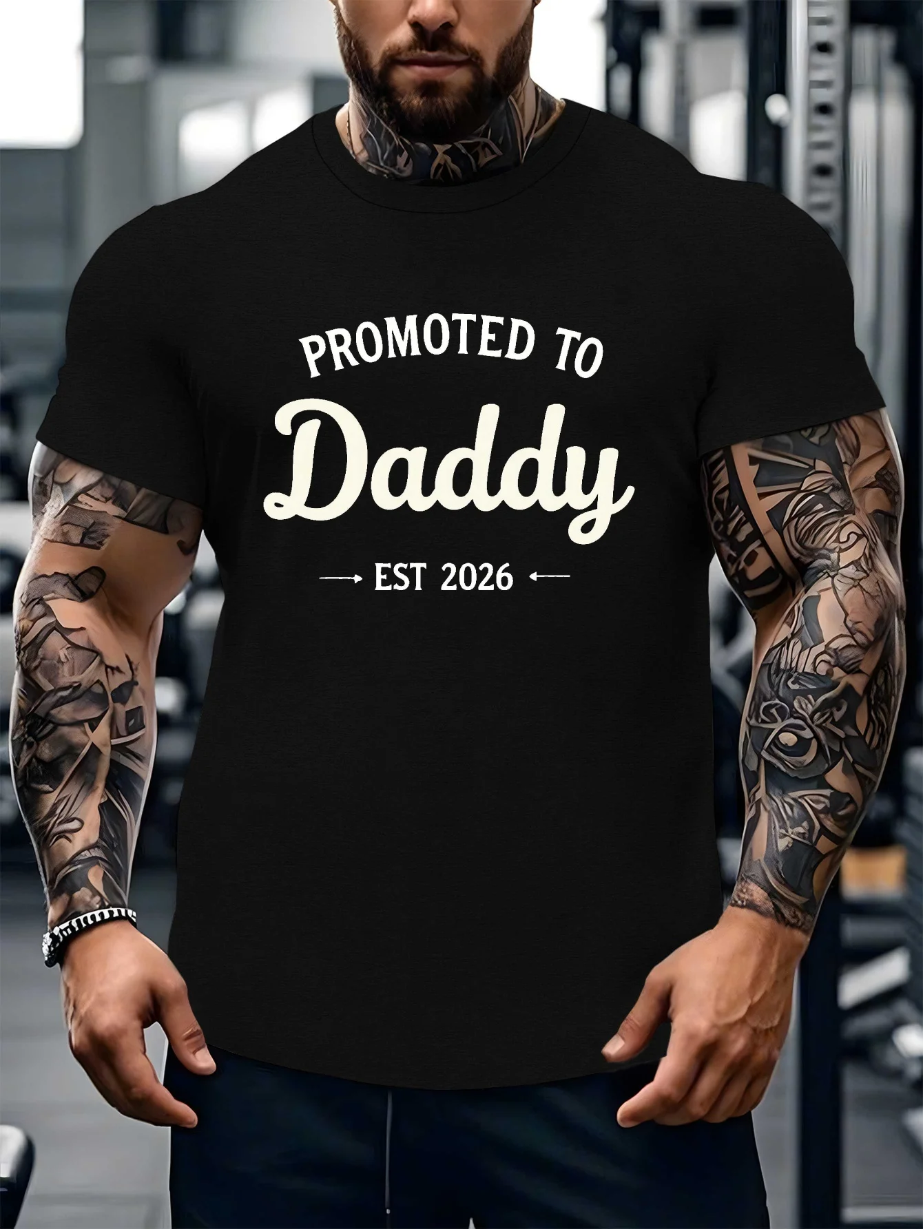 

Men's Casual Short Sleeve Graphic Tee - "Promoted to Daddy Est 2026" Slogan Print Classic Crew Neck Summer T-Shirt for Men